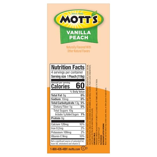 Motts Fruit Smoothies Vanilla Peach, 4.2 oz clear pouches, 24 Count (6 Packs of 4), Made With Milk, Made With Real Fruit, Good S