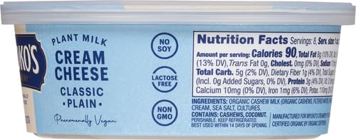 MIYOKOS CREAMERY Organic Vegan Cream Cheese, Classic Plain, 8 oz Tub (1-Pack)