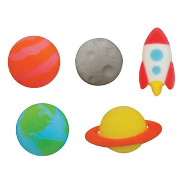 Space and Planets - Earth, Mars, Saturn, Moon and Rocket Edible Sugar Cake Toppers, 12 Count