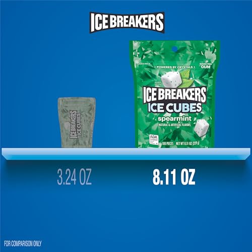 Ice Breakers Ice Cubes Spearmint Sugar Free Chewing Gum Pouch, 8.11 Oz (100 Pieces), (Packaging May Vary)