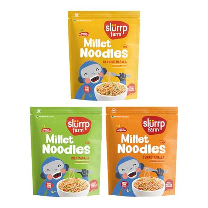 Slurrp Farm No Maida Hakka Noodles Combo, Not Fried, No Msg, Classic, Mild And Curry Masala Millet Noodles, Pack Of 3 X 192 G