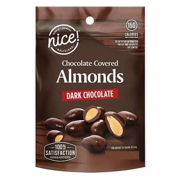 Nice! Dark Chocolate Covered Almonds Snack, 5oz Bag, Full Size Treat