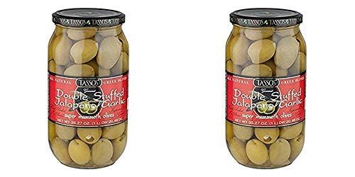 2 Pack Of Tassos All Natural Double Stuffed Jalapeno And Garlic Super Mammoth Olives (2X35.27 Oz.)