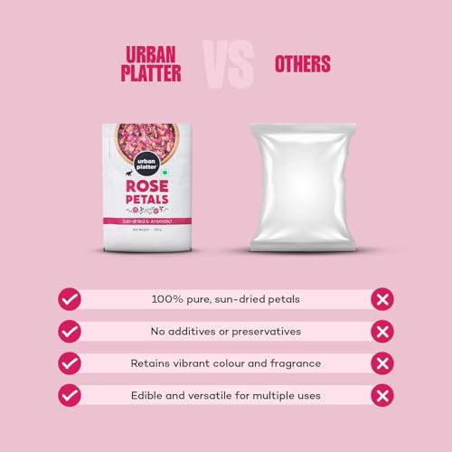 Urban Platter Sun Dried Rose Petals | 3.53 Oz/100G | Edible Gulab Patti | Natural & Pure Aromatic Flower Petals | Used In Herbal Tea, Baking, Desserts, Rose Water & Crafting