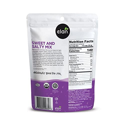 Elan Organic Sweet & Salty Mix, Non-GMO, Gluten-Free, Vegan, Kosher, Vegan Dark Chocolate, Dried Fruits (Raisins, Dates), Nuts (