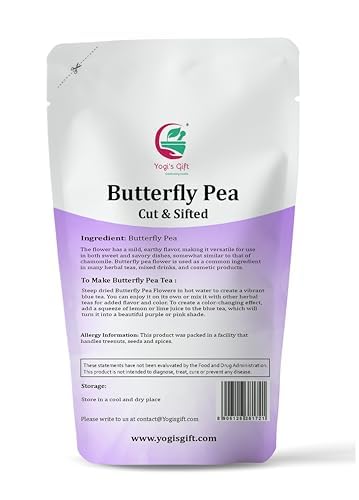 Butterfly Pea Flower 4 Oz, Loose Leaf Cut & Sifted (300+ Cups), Non-Gmo Dried Flowers, Natural Blue, Purple Drinks & Food Coloring, Enhanced Quality, By Yogi’S Gift®