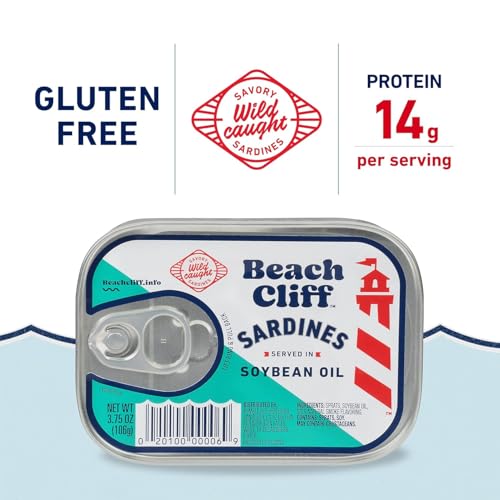 Beach Cliff Sardines in Soybean Oil, 3.75 oz Can, 13g Protein, Gluten Free, Keto Friendly