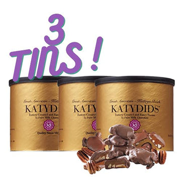 Kathryn Beich Katydids Candy Milk Chocolate Caramel Pecan Clusters, Pack of 3 Tins, 8 Ounces
