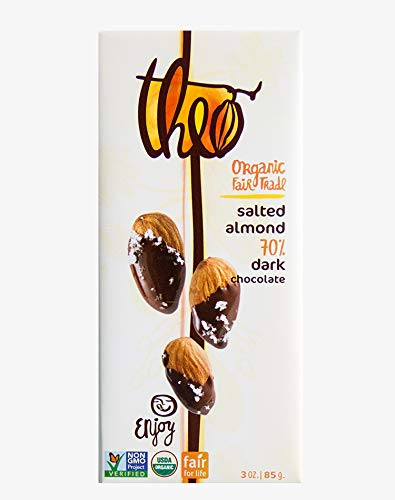 Theo Chocolate Organic Salted Almond 70 Percentage Dark Chocolate Bar, 3 Ounce - 12 Per Case.