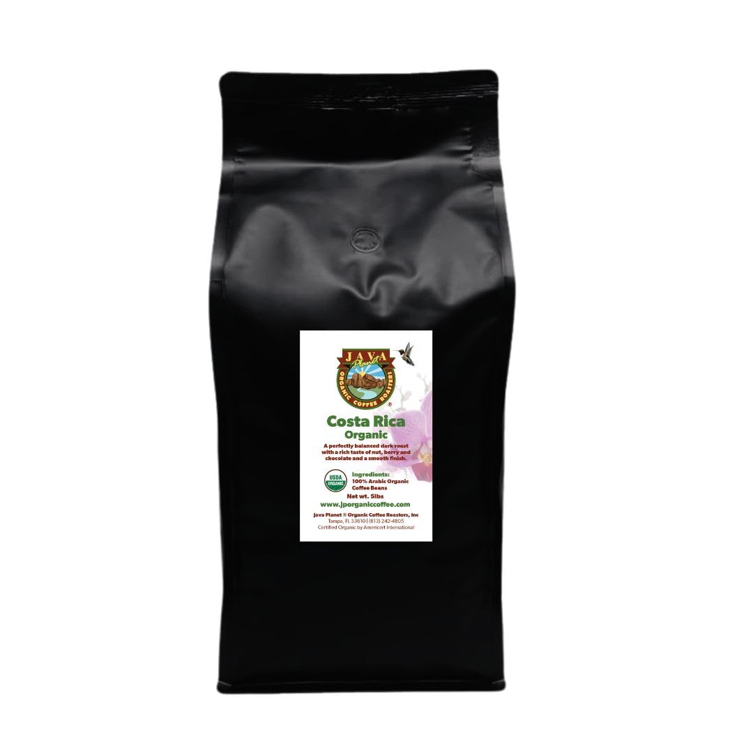 Java Planet Organic Coffee - Costa Rica Dark Roast, Low Acid Whole Bean, 5LB Bag