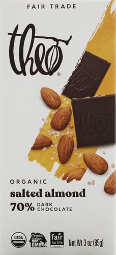 Theo Salted Almond Organic Dark Chocolate Bar, 70% Cacao, 1 Bar | Vegan, Fair Trade