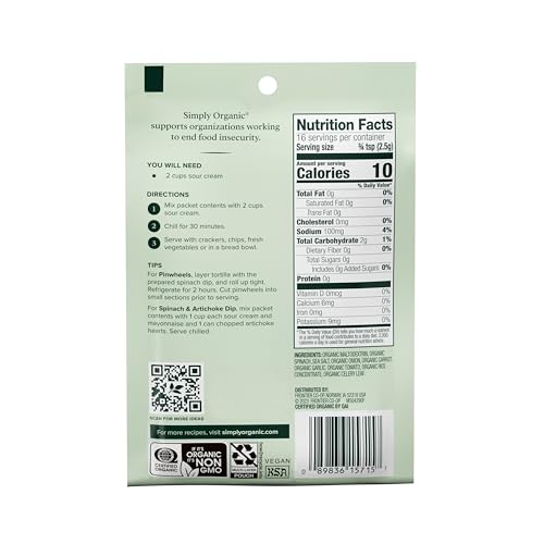 Simply Organic Spinach Dip Mix, Organic, 1.41 Ounce (Pack of 12)