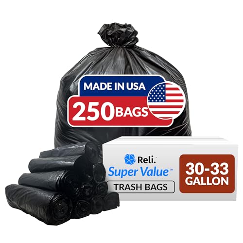 Reli. 30-33 Gallon Trash Bags Heavy Duty  250 Bags Bulk  Black Large Trash Bags 30+, 32 Gallon  Made In Usa