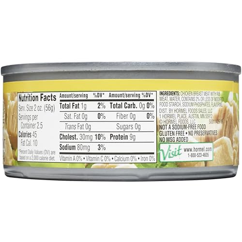 Hormel Premium Canned Chunk Chicken Breast, No Salt Added, 5 Ounce (Pack of 12)