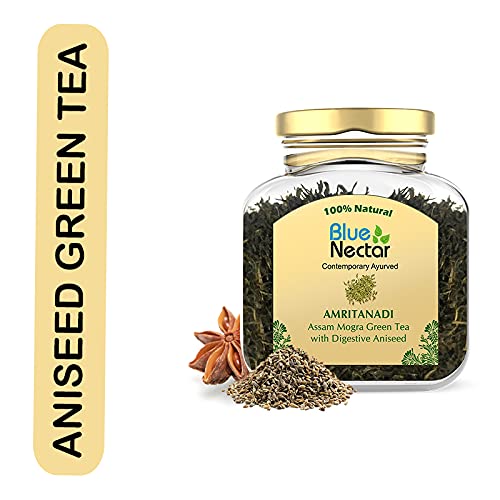 Blue Nectar Aniseed Green Tea Leaves | Supports Digestion | Reusable Glass Jar | Natural Green Tea Loose (50 Gm + 15 Gm Free)