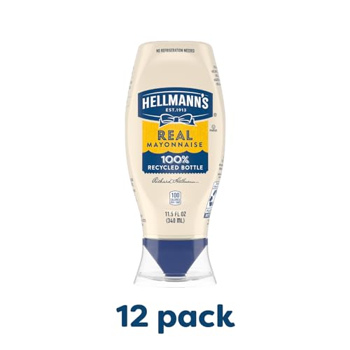 Hellmanns Real Mayonnaise Squeeze Bottle Made from 100% Recycled Plastic  No-Mess Cap  Condiment for Sandwiches  Salads  Mayo Made with Cage Free Eggs  Gluten Free  11.5 Fl Oz (Pack of 12)