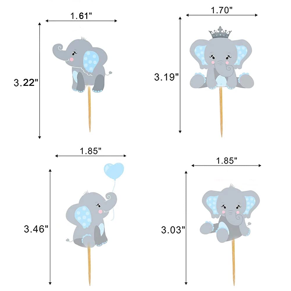 Morofme 48pcs Elephant Cupcake Toppers, Double-Sided, Cardboard, Blue, Model 003, Baby Shower, Birthday Party Decorations