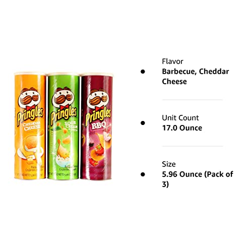 Pringles Potato Chips Variety Bundle: (1) Cheddar Cheese 5.96Oz, (1) Sour Cream And Onion 5.96Oz, (1) Bbq Potato Chips 5.96Oz (3