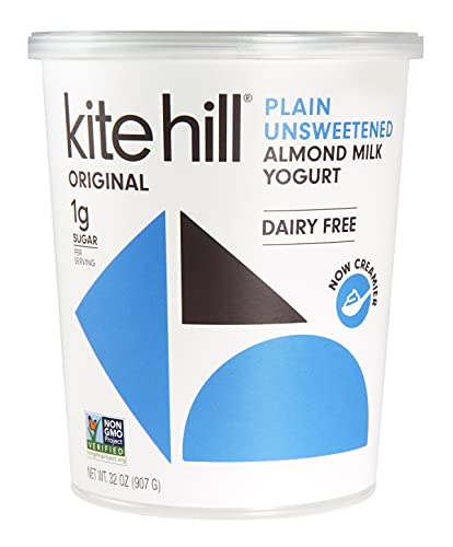 Kite Hill Plain Unsweetened Almond Milk Yogurt, 32 Ounces, Dairy Free, Live and Active Cultures, Gluten Free, Non-GMO, Vegan