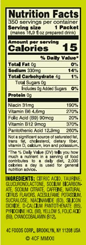 4C Powder Energy Rush Stix, Energy Rush - Citrus 350 Count, Bulk Buy, Singles Stix, On the Go, Refreshing Water Flavorings, Valu