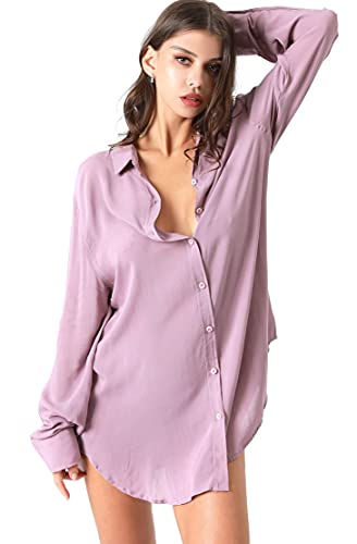 Tousyea Sleep Shirts For Women Button Down Shirts Long Sleeve Sleepwear Swimsuit Cover Ups Soft Pajama Tops Purple M