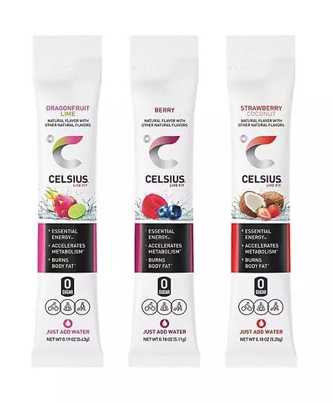 Celsius On-The-Go Energy Powder Sticks Variety Pack |Zero Sugar| |(15Count) 15 Variety Pack Dragonfruit Lime, Berry, and Strawbe