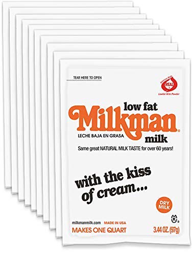 Milkman Low-Fat Milk - Instant Dry Milk Powder Packets - For Coffee, Baking, Or Travel - Just Add Water, Makes One Quart - Classic, Natural Taste With The Kiss Of Cream! (10 Pack)