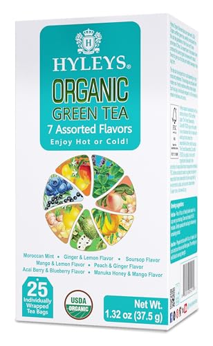 Hyleys Organic Green Tea 7 Assorted Flavors - 25 Tea Bags (6 Pack - 150 Tea Bags Total)