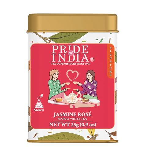 Pride Of India | Jasmine Rose Royal White Tea | 15 Pyramid Full Leaf Individually Wrapped Tea Bags | Smooth & Sweet Flavor | Soothing & Calming Experience | Less Caffeine, Non-Bioengineered