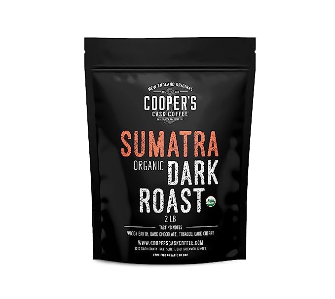 Coopers Cask Coffee Organic Dark Roast Sumatra Whole Bean Coffee 2lb Bag Brown
