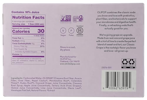 OLIPOP Minis Prebiotic Soda Pop  Classic G  Pantry Pack Packed with Prebiotics  Fiber  and Botanicals  Gluten Free  Vegan  GMO Free  7.5oz (6-Cans)