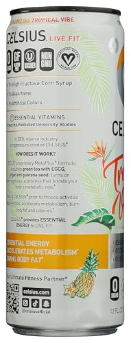 CELSIUS Sparkling Tropical Vibe Energy Drink, 12 Fl Oz, Functional Beverage, Model FGSS1249
