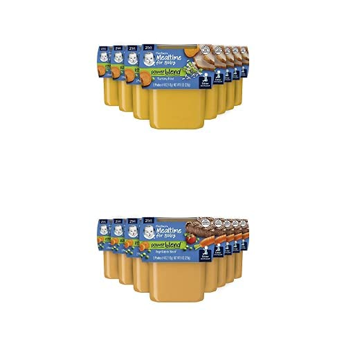 Gerber Baby Food 2Nd Foods, Dinner, Turkey & Rice Puree And Vegetable & Beef Puree, 4 Ounce Tubs, 2-Pack (Pack Of 16)