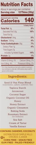 Simple Mills Honey Cinnamon Seed & Nut Flour Sweet Thins, Paleo Friendly & Delicious Sweet Thin Cookies, Good For Snacks, Nutrient Dense, 4.25Oz, Pack Of 1
