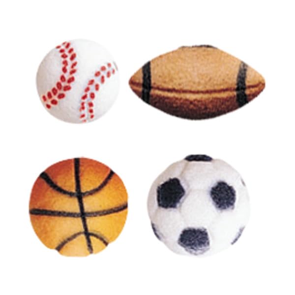 Mini Sports Balls - Football, Soccer, Baseball and Basketball Edible Sugar Cake Toppers, 24 Count
