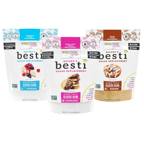 Wholesome Yum Besti Natural Sugar Substitute Multi Pack - Granulated  Powdered  Brown - Monk Fruit Sweetener Blend With Allulose (No Erythritol) - Keto  Non GMO  Zero Calorie  Zero Carb (12 oz 3-Pack)