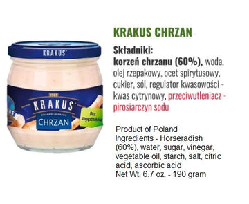 Krakus Horseradish 6.7 Oz X 2 Pack / Chrzan Tarty 190 G X 2 Pack. Product From Poland.
