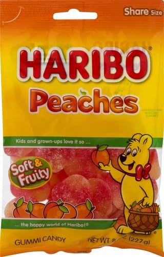 Haribo Gummy Candy, Peaches Gummies, Large Peg Bag, 8 Oz