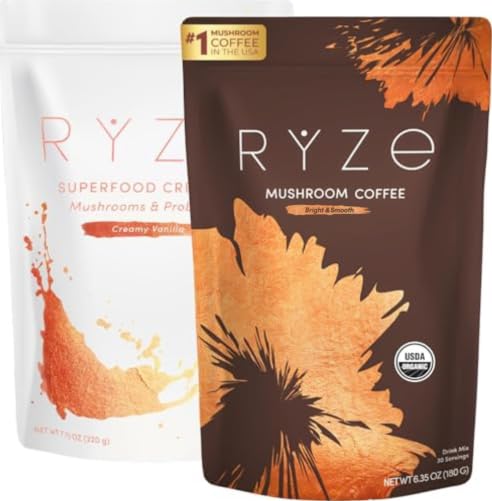 Ryze Superfoods Ryze N Shine Bundle  Usda Organic Mushroom Medium Roast Coffee + Probiotic Coffee Creamer With 6 Adaptogenic Mushrooms For Playter Energy  Focus  Digestion  Immunity  30 + 30 Servings