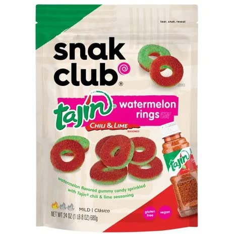 Snak Club Tajin Watermelon Rings Chili & Lime Seasoned Gummy Candy Snack, Jumbo Pack 24Oz (680G), Mild / Clasico, Vegan & Gluten