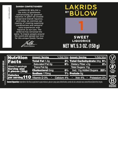 LAKRIDS BY BLOW - 1 - Black Licorice - Sweet - 5.3 oz - Vegan Gourmet Licorice from Scandinavia - Gluten Free & Gelatine Free - Swedish Candy Alternative