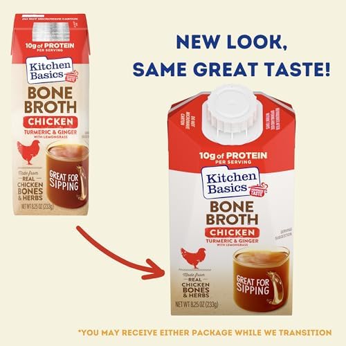 Kitchen Basics Turmeric & Ginger With Lemongrass Chicken Bone Broth, 8.25 Oz (Pack Of 12) | No Artificial Flavors, Gluten Free, Keto Friendly, Great For Sipping, Resealable Cap |