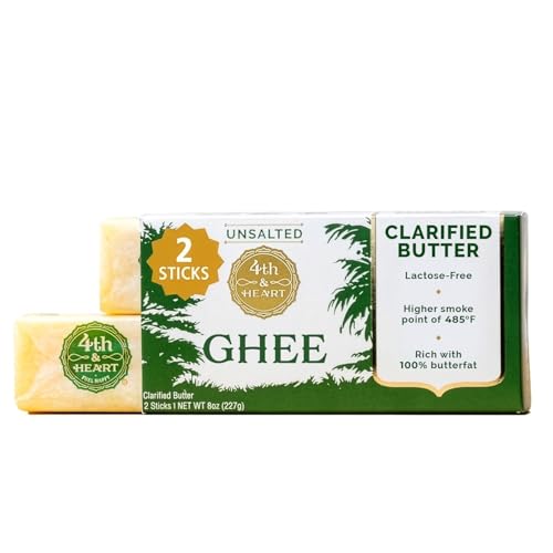 4th & Heart Grass-Fed Unsalted Ghee Sticks, Clarified Butter, Keto, Pasture Raised, Lactose and Casein Free, Certified Paleo and