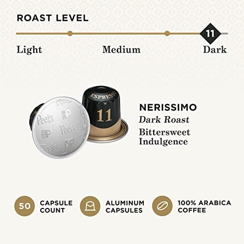 Peets Coffee Dark Roast Espresso compact pieces, Compatible with Nespresso, 50 Count (5 Boxes of 10), Nerissimo Intensity 11, Espresso