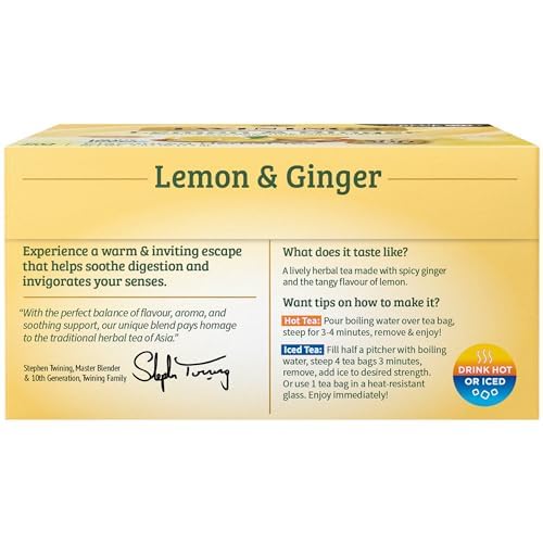 Twinings Lemon & Ginger Herbal Tea, 50 Count (Pack Of 6), Individually Wrapped Bags, Tangy Lemon & Spicy Ginger, Decaffeinated,