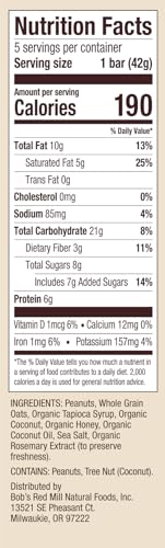 Bobs Red Mill Peanut Butter Coconut & Oats Bar, 5 Count, Non-GMO, Gluten Free, Kosher, Model P110879