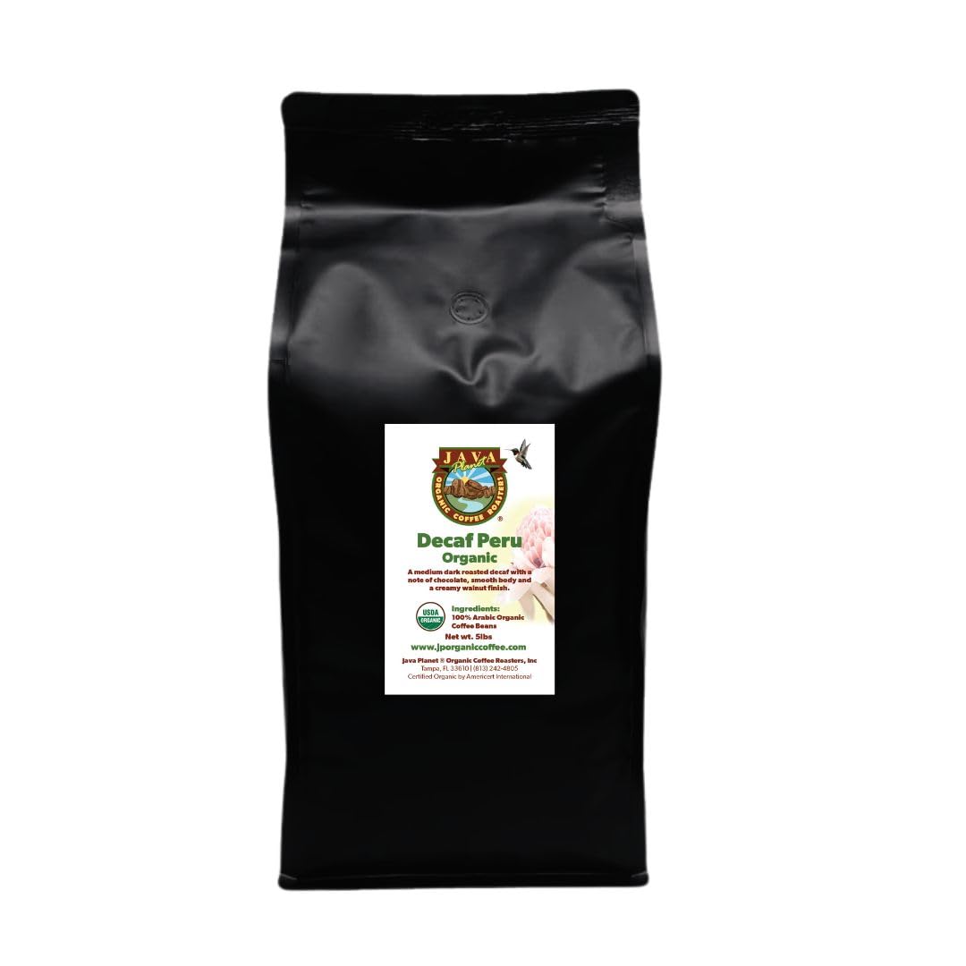 Java Planet Organic, Water Process Decaf Peru, Smooth Full Flavored Organic Coffee Beans, Low Acid, Whole Bean Coffee 5LB Bag
