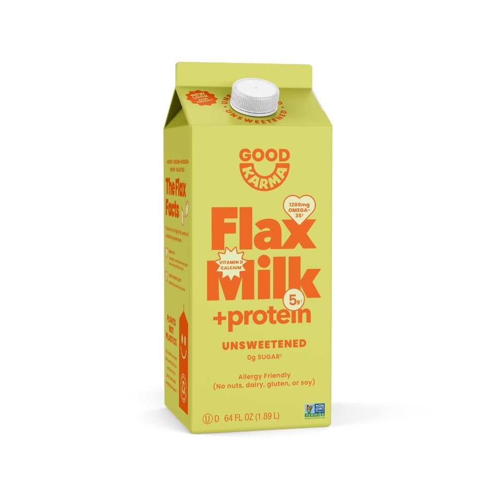 Good Karma Unsweetened Flaxmilk +Protein, 64 Ounce, 5g Plant Protein + 1200mg Omega-3 Per Serving, Plant-Based Non-Dairy Milk Al