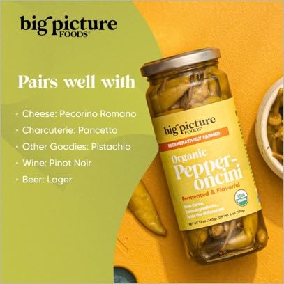 Big Picture Organic Pepperoncini/Whole in Jar - Zesty Macedonian Green Peppers for Antipasti Excellence! Whole  Regeneratively Farmed  and Bursting with Nutrients - Net Wt. 12oz (340g)