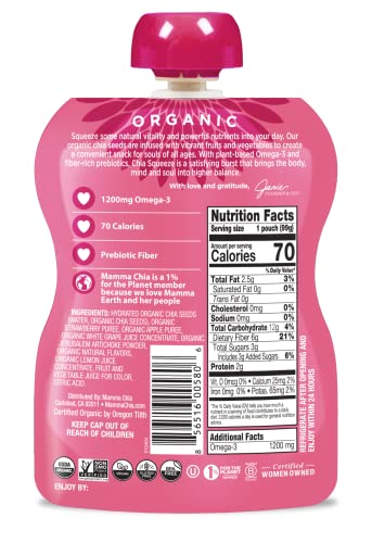 Mamma Chia Organic Prebiotic Squeeze Snack, Strawberry Lemonade, Fiber-Rich Prebiotic Gut Support,Usda Organic, Non-Gmo, Vegan, Gluten Free, 3.5 Ounce (Pack Of 4)